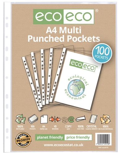 EcoEco 100% Recycled A4 Punched Pockets - 45mic - 100 Pack