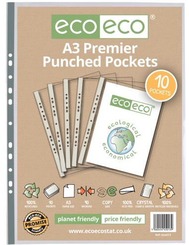 EcoEco 100% Recycled A3 Punched Pockets - 40mic - 10 Pack