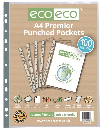 EcoEco 100% Recycled A4 Premier Punched Pockets - 90mic - 100 pack