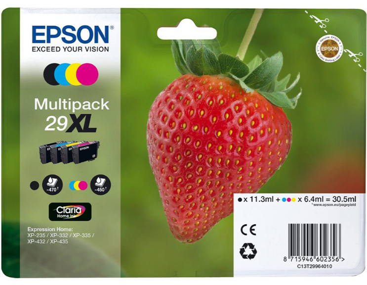 Epson 29XL Strawberry Black Cyan Magenta Yellow High Yield Ink Cartridge Multipack 11ml + 3 x 6ml (Pack 4) - C13T29964012