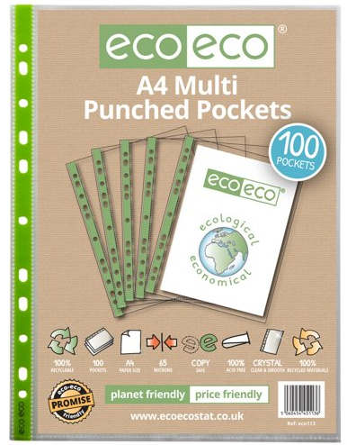 [ECO113] EcoEco 100% Recycled A4 Punched Pockets - 65mic - 100 Pack