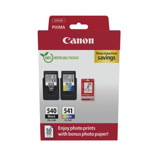 [CAPG540/CL541PVP] Canon PG540/CL541 Multipack Ink Cartridges - 2 Pack 8ml/8ml + 50 sheets photo paper